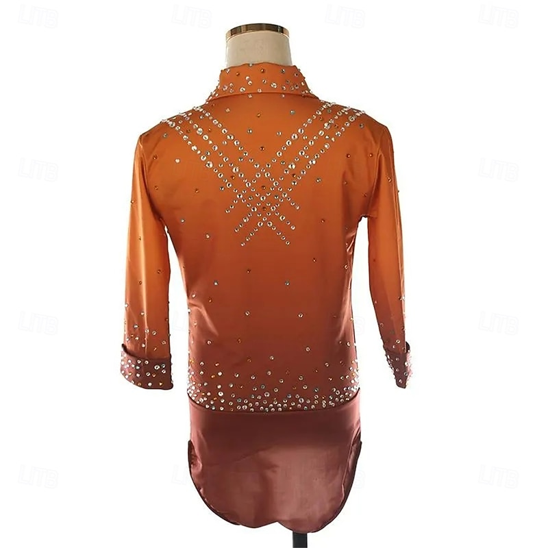 Figure Skating Top Men's Boys' Ice Skating Tops Orange Patchwork Spandex High Elasticity Training Competition Skating Wear Classic Crystal / Rhinestone Long Sleeve Ice Skating Figure Skating3