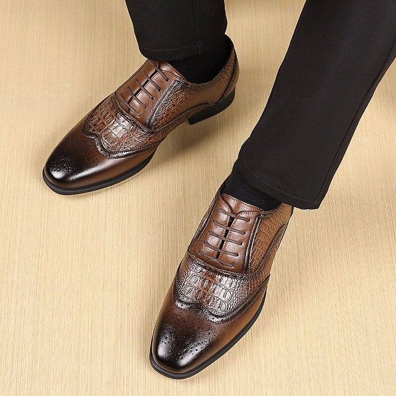Men's Brown Crocodile Pattern Faux Leather Oxford Shoes – Classic Lace-Up Dress Shoes for Business, Weddings and Formal Parties4
