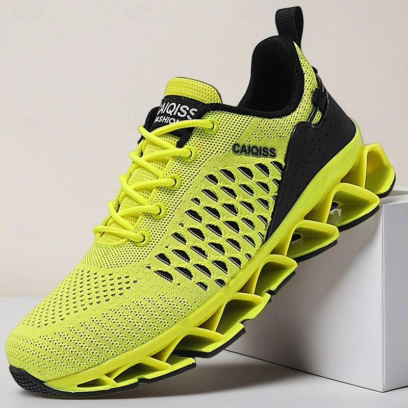 Men's Neon Yellow Athletic Sneakers – Breathable Mesh Running Shoes with Shock-Absorbing Sole for Gym, Training, Sports and Casual Wear