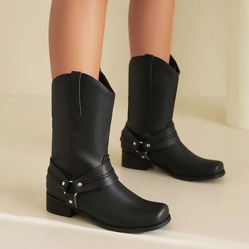 Women's Boots Comfort Shoes Daily Streetwear Mid Calf Boots Rivet Block Heel Square Toe Comfort Walking PU Loafer Black Khaki4