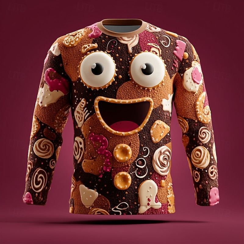 Christmas Men's 3D Gingerbread T Shirt Long Sleeve T shirt 3D Print Crew Neck Shirt Fashion Basic 3D Street Casual Daily Brown Brown 2 Brown 4 Summer Spring Clothing Apparel S M L XL XXL XXXL4