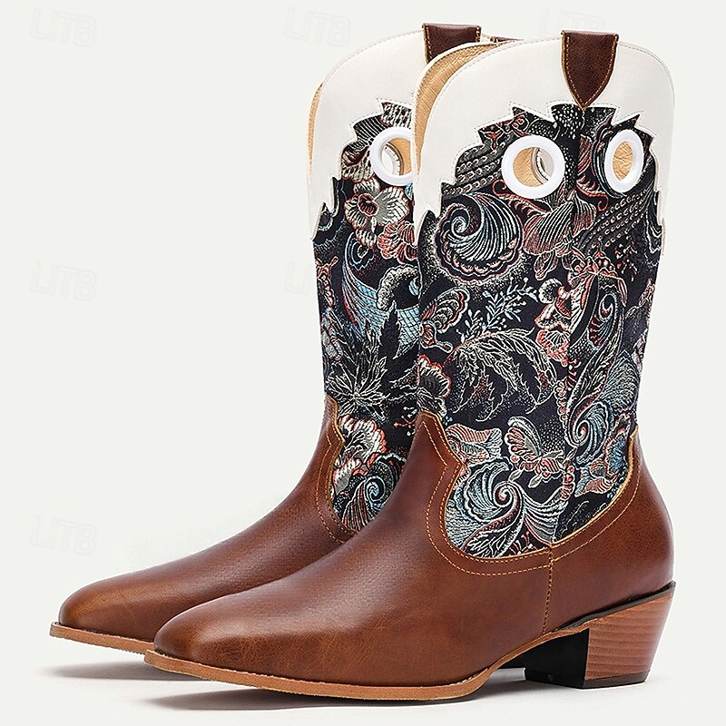 Men's Western Cowboy Boots with Embroidered Floral Pattern – Retro Riding Style Pull-On Mid-Calf Shoes for Ranch, Festival and Party Wear3
