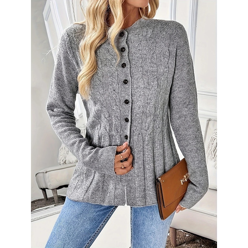 Women's Sweater Cardigan Elegant Fashion Streetwear Pure Color Crew Neck Pocket Knitted Long Sleeve Regular Tops Knit Outdoor Daily Weekend Gray Fall Winter
