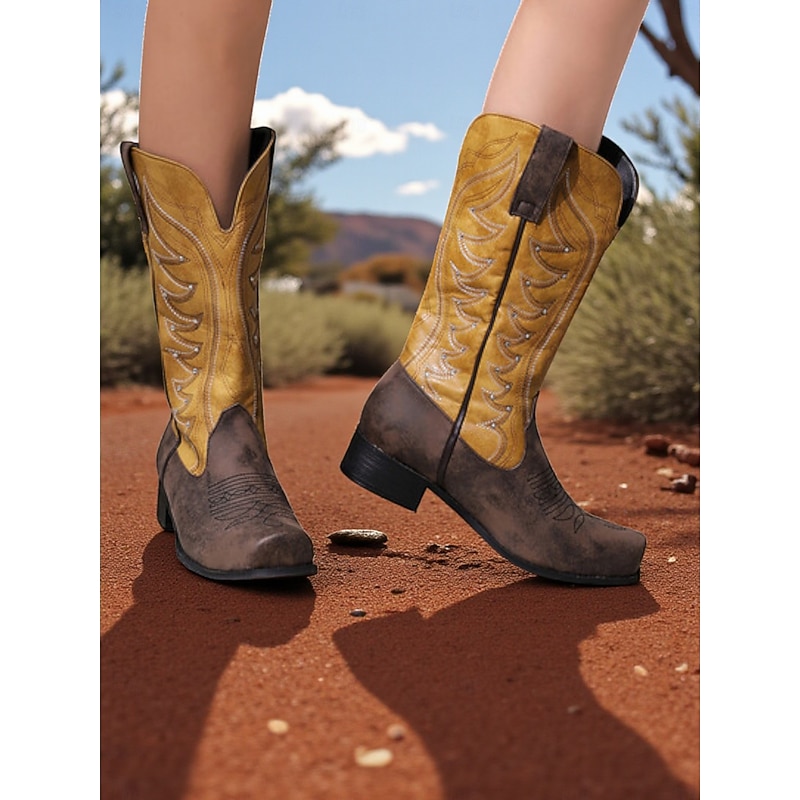 Women's Western Cowboy Boots Brown and Red Embroidered Mid-Calf Design Durable Comfortable Footwear for Casual Outfits3