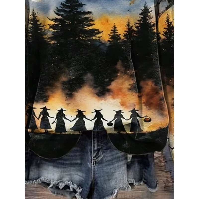 Women's Pullover Graphic Halloween Witch Casual Long Sleeve Crew Neck Regular Tops Street Dailywear Casual Print Blue Spring Fall Winter3
