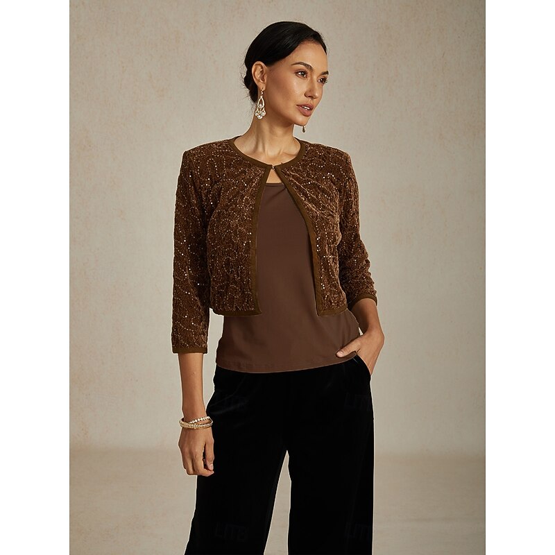 Women's Lace Tops Evening Tops Sequin Tops Elegant Party Crew Neck Brown Fall Winter3
