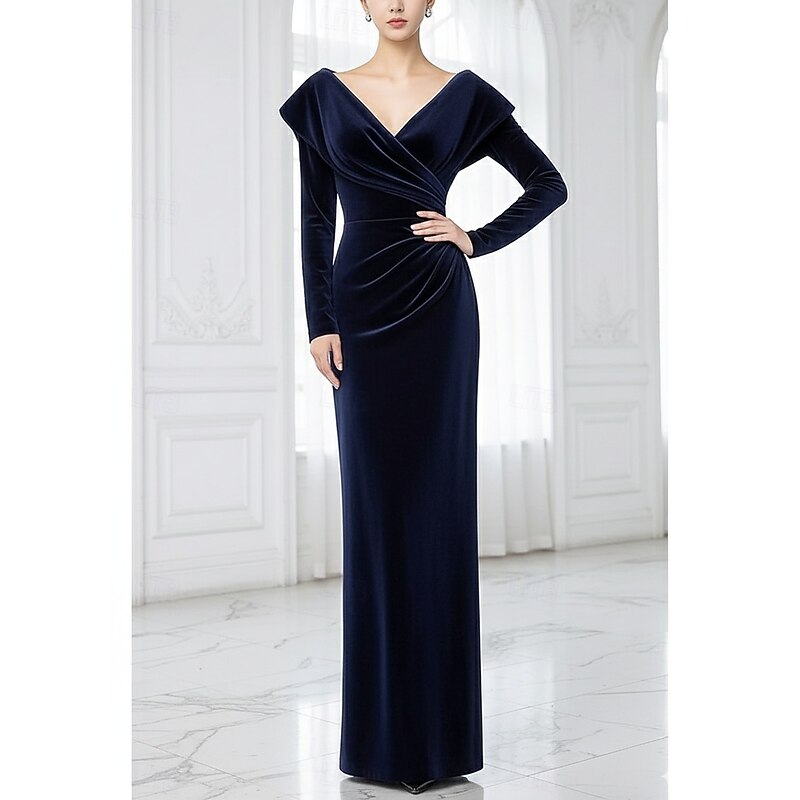 Blue Black Column Evening Gown Elegant Dress Formal Wedding Floor Length Long Sleeve V Neck Velvet with Pleats Ruffles 2025