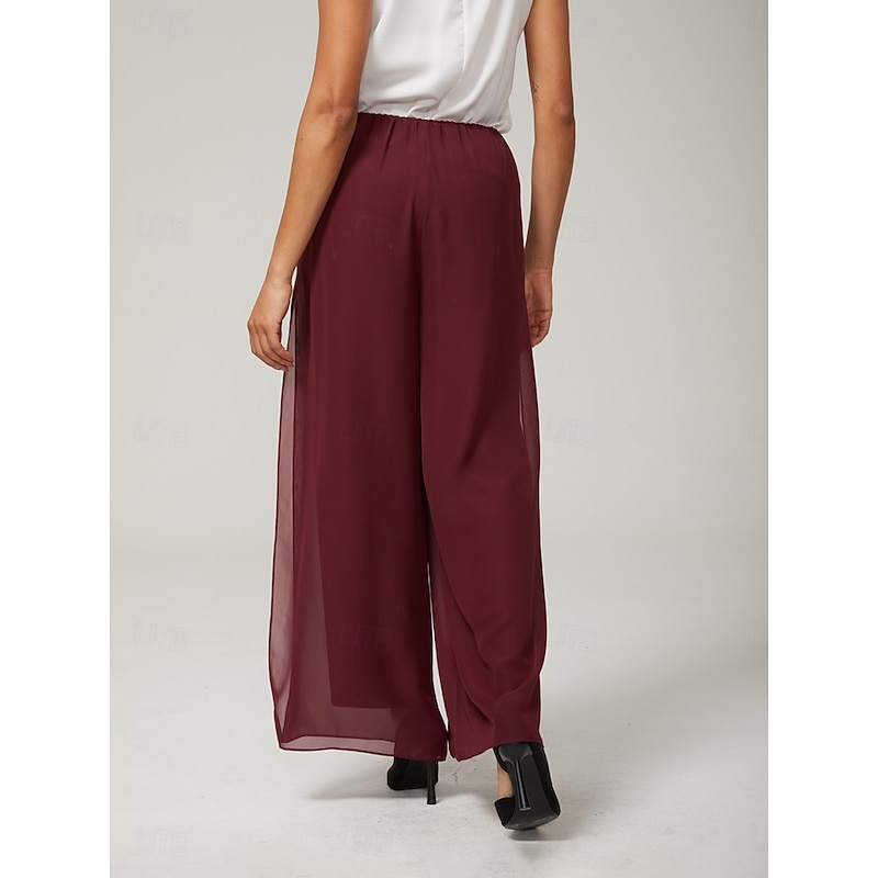 Women's Culottes Wide Leg Straight-Leg Trousers Elegant Stylish Classic Style Full Length Medium Waist Solid Color Elastic Waist Stretchy Wedding Vacation Party Wine Spring, Fall, Winter, Summer2