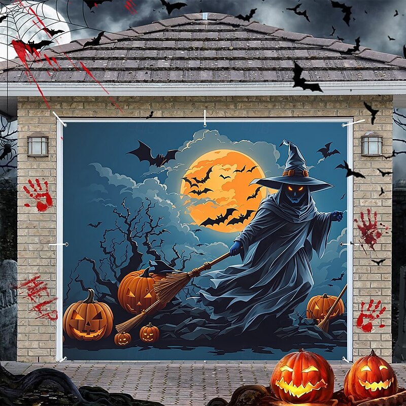 Halloween Garage Door Cover Large Hanging Backdrop Pumpkin Witch Dark Punk Gothic Style Party Outdoor Shooting Backgrounds Yard Haunted House Home Decor4