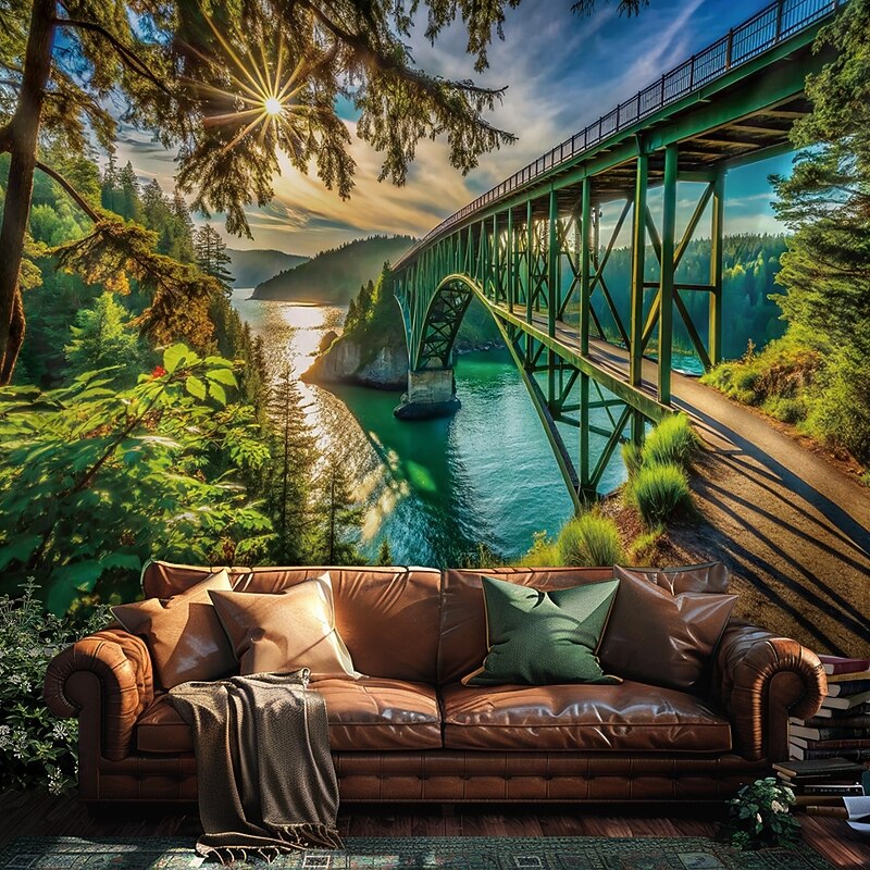Tapestry Blanket Wall Hangings Bridge Lake Forest Modern 3D Bedroom Living Room Dorm Teens Room College Dorm Guys Man Cave Frat Bedroom Home Decor