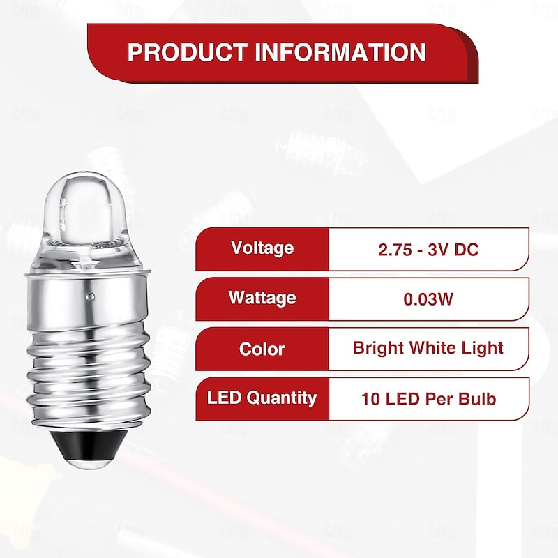 E10 LED Bulbs 3 Volt  3V Miniature Flashlight E10 Replacement Bulbs Mini Lamps Warm White 10 Pcs2