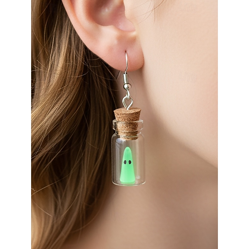 Women's Halloween Glow in the Dark Ghost Jewelry Set – Cute Bottle Pendant Necklace and Earrings for Party, Cosplay and Night Out