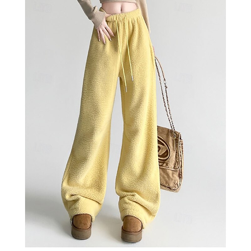 Women's Culottes Wide Leg Fleece Pants Streetwear Casual Full Length Medium Waist Plain Pocket Elastic Waist Leg Drawstring Comfortable Micro-elastic Vacation Street Daily Black White Yellow Khaki