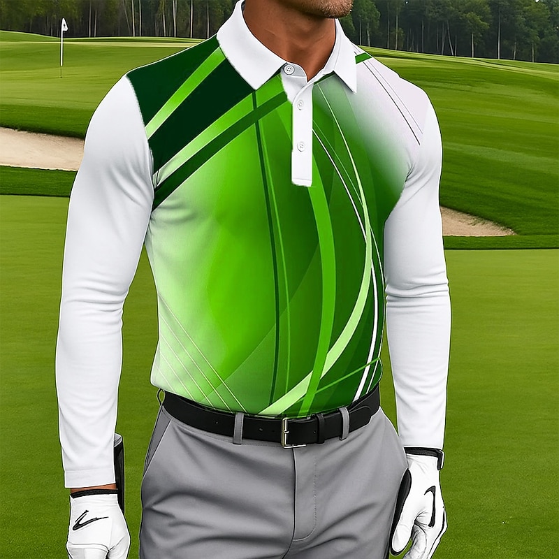 Men's Geometic Golf Polo Long Sleeve Polo Shirts Lapel Casual Outdoor Athleisure Daily Wear 3D Print Buttons Spring Fall Winter Lake blue Red Blue3
