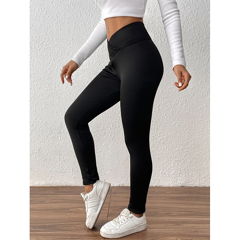 Women's Fleece Pants Chinos Leggings Vacation Vintage Fashion Full Length High Waist Solid Color Plain Comfy Soft Comfortable Stretchy Outdoor Street Black Summer Spring Fall Slim Fit Regular Fit4