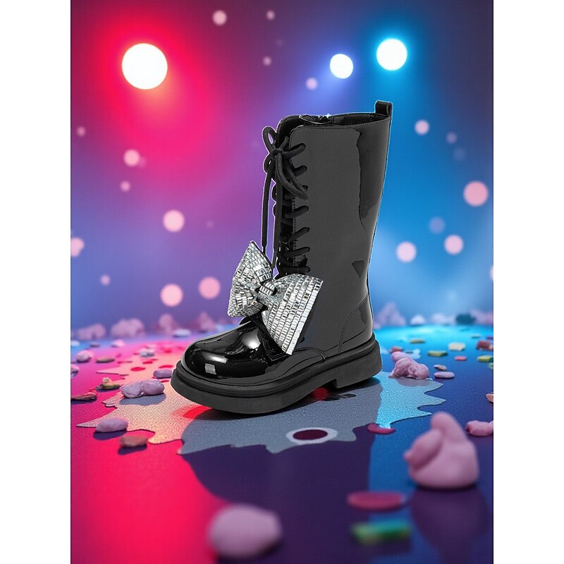 Girl's Black Patent Leather Lace Up Boots with Sparkly Silver Bow -Stylish Fashion Shoes for Kids Party and Holiday Outfits