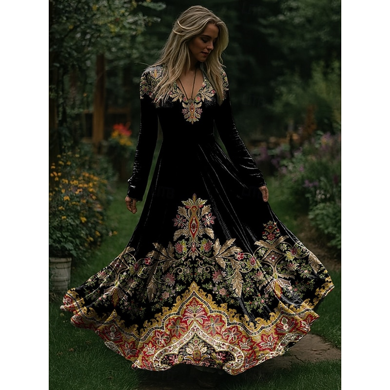 Christmas Women's Maxi Dress Pleated Dress Party Casual Boho Daily Date Going out Regular Fit Tribal Long Sleeve V Neck Black Red Fall Winter