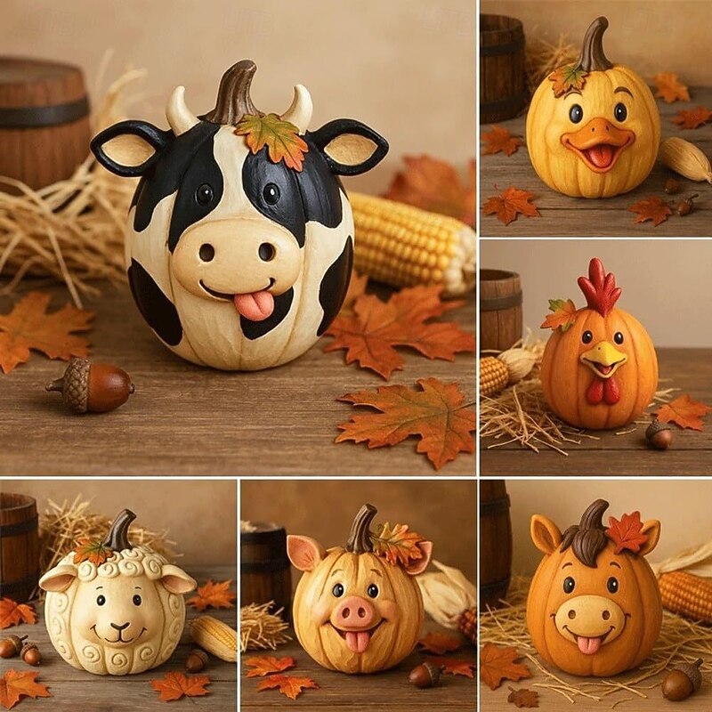 Farm Animal Pumpkin Figurines, Whimsical Pumpkin Animal Figurine, Funny Fall Animals Decor Halloween Figurine Desktop Ornaments for Autumn Thanksgiving Halloween Home Table Centerpiece Decor2