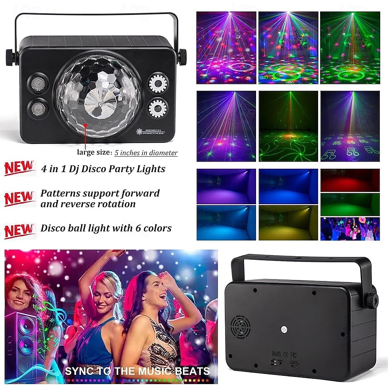 4 in 1 Party Lights Dj Disco Ball Light with Sound Activated and 6 Lighting Colors LED Stage Strobe Lamp for Home Indoor Room Dance Parties Karaoke Club Show Bar Rave2