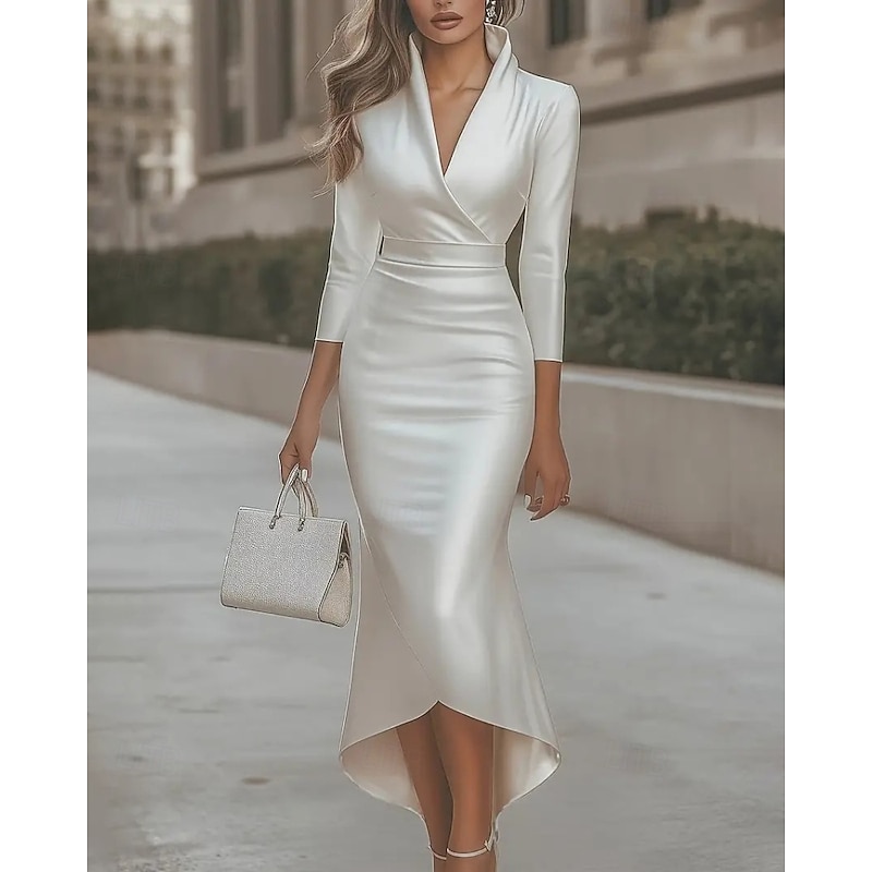 Women's Midi Dress Black Dress Party Dress Cocktail Dress Satin Dress Elegant Modern Party Evening Party Regular Fit Plain Long Sleeve V Neck Black White Pink Wine Fall Winter2