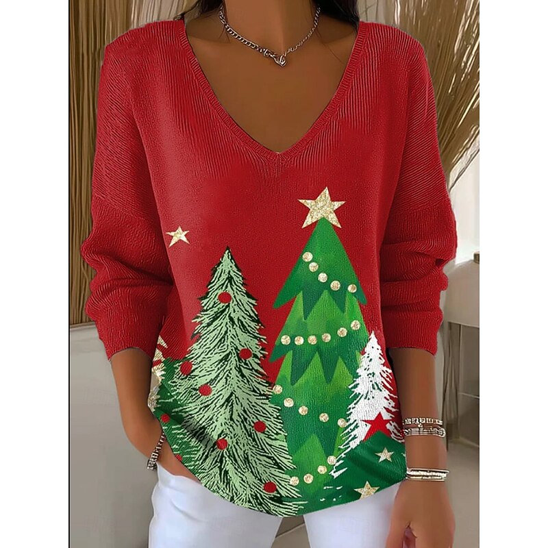Women's Sweater Casual Soft Christmas Tree Ribbed V Neck Knitted Print Long Sleeve Regular Tops Knit Outdoor Daily Weekend Black Light Green Fall Winter