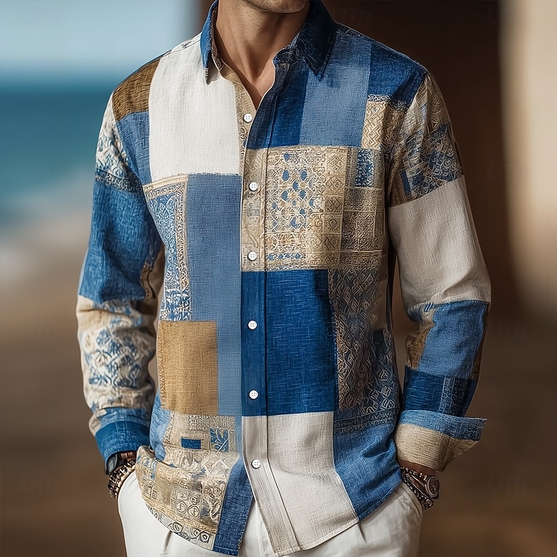 Men's Color Block Patchwork Geometric Pattern Shirt Button Up Shirt Long Sleeve Vintage Retro Outdoor Casual Daily Spring Fall Turndown 3D Print Linen Like Shirt Blue green Wine Blue Brown Green