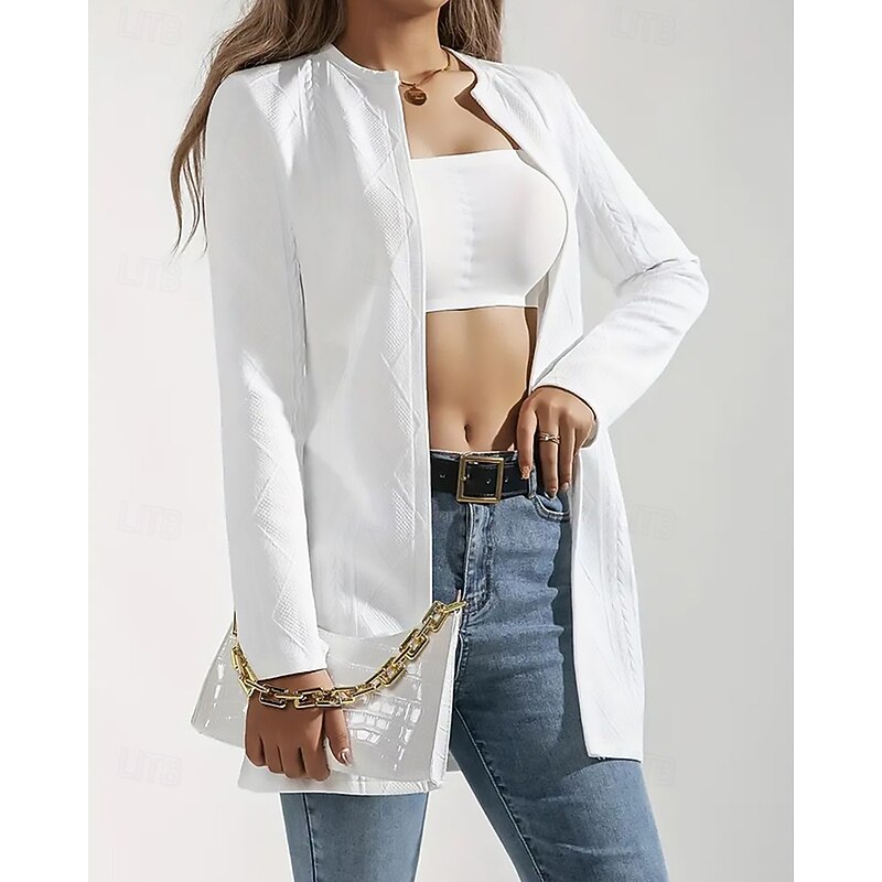 Women's Casual Jacket Comfortable Breathable Jacquard Fashion Daily Plain Outdoor Casual Daily Single Breasted Regular Crewneck Regular Fit Long Sleeve Outerwear Black White Spring Fall3