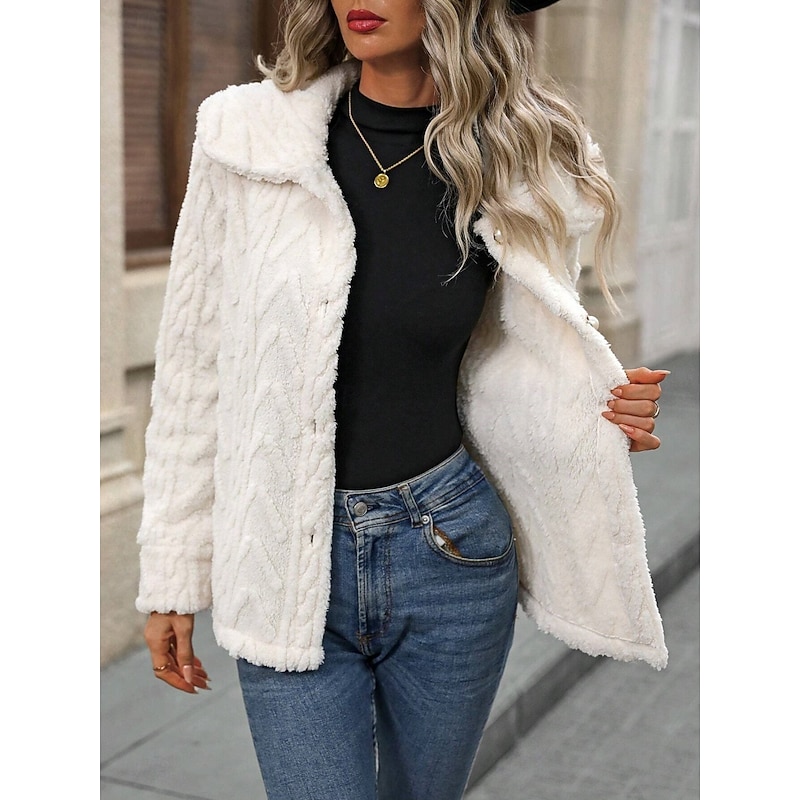 Women's Winter Coat Sherpa Jacket Comfortable Breathable Buttons Casual Plain Vacation Street Casual Daily Wear Single Breasted Regular Turndown Regular Fit Long Sleeve Outerwear White Spring Fall3
