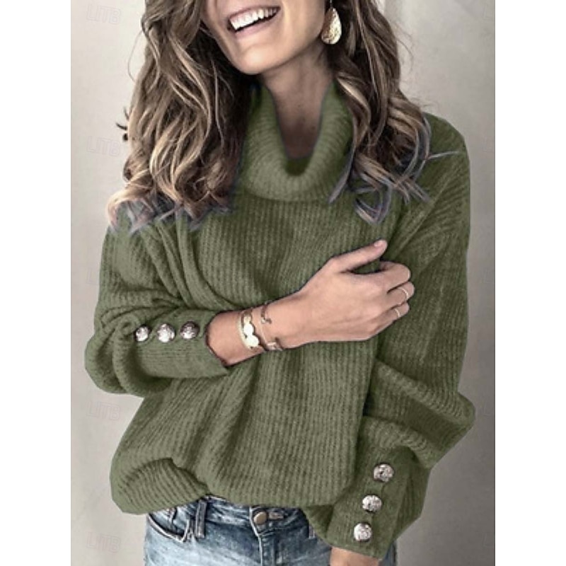 Women's Sweater Casual Soft Pure Color Ribbed Turtleneck Buttons Knitted Long Sleeve Regular Tops Knit Outdoor Daily Weekend White Pink Fall Winter2