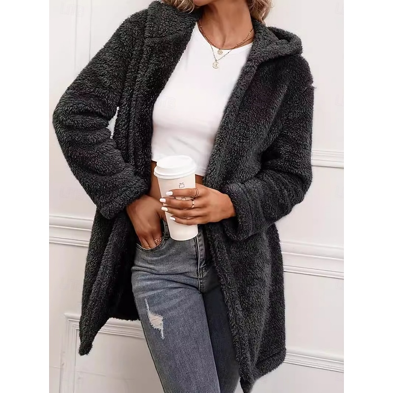 Women's Winter Coat Sherpa Jacket Comfortable Breathable Open Front Casual Plain Vacation Street Casual Daily Wear Open Front Long Hooded Loose Fit Long Sleeve Outerwear Black Spring Fall4