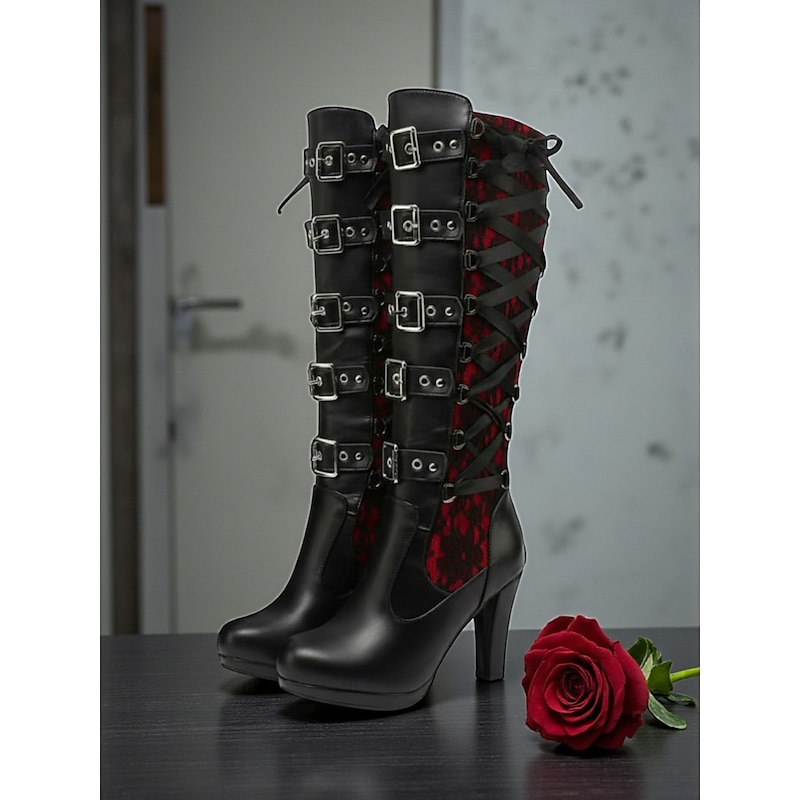 Women's Gothic Lace-Up High Heel Knee-High Boots with Multiple Buckle Straps - Steampunk Style Black Leather Boots with Red Lace Detailing, Perfect for Cosplay and Halloween3