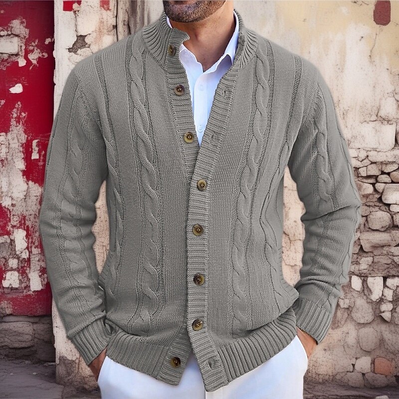 Men's Sweater Cardigan Sweater Ribbed Cable Knit Regular Tops Knitted Plain High Neck Vacation Fashion Casual Daily Wear Clothing Apparel Fall Spring &  Fall khaki Gray M L XL2