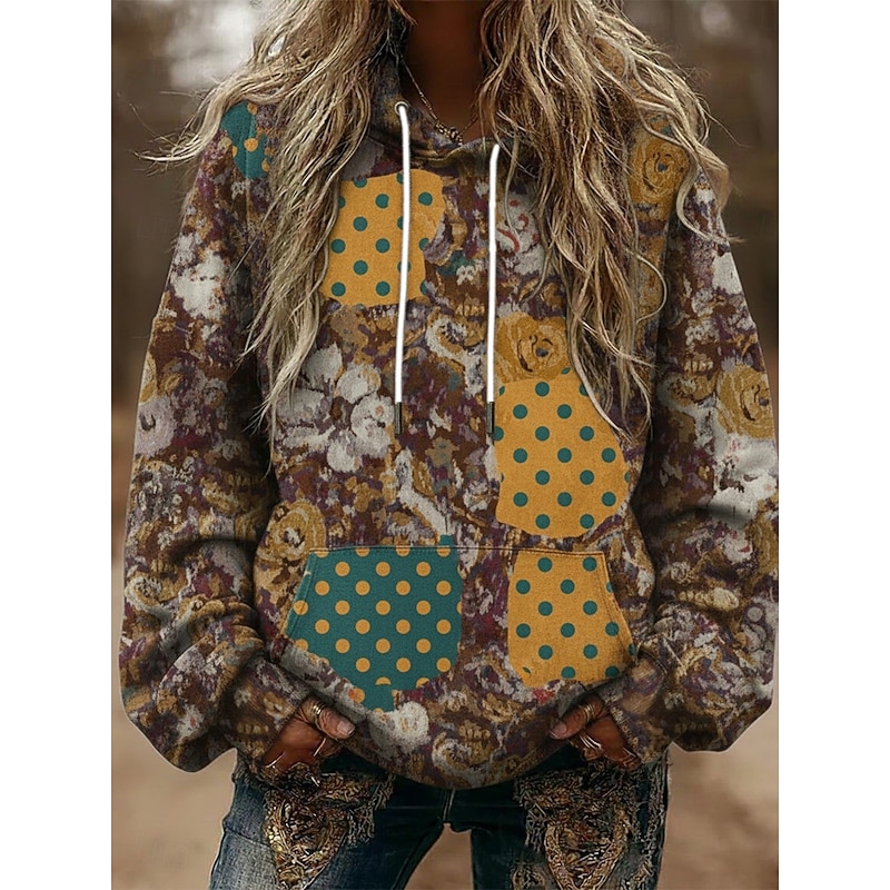 Women's Pullover Hoodies Plaid Color Block Vintage Streetwear Casual Long Sleeve Hooded Regular Tops Dailywear Casual Sports Drawstring Pocket Print Yellow Spring Fall
