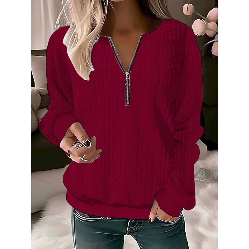 Women's Blouse Solid Color Stylish Casual Long Sleeve Crew Neck Regular Tops Daily Zipper Black Pink Red Blue Purple Spring Fall Winter4