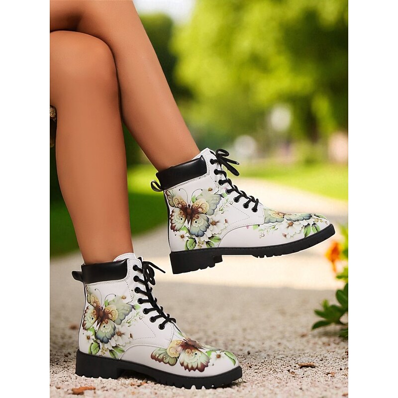 Women's Yellow Combat Boots – Lace-Up Ankle Boots with Yellow Bee Print and Lug Sole for Streetwear and Casual Fashion