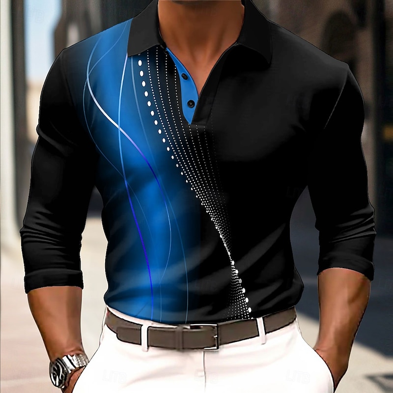 Men's Geometic Line Polo Long Sleeve Polo Shirts Collared Shirts Business Casual Business Athleisure Daily Wear 3D Print Buttons Spring Fall Winter Lake blue Red Blue4