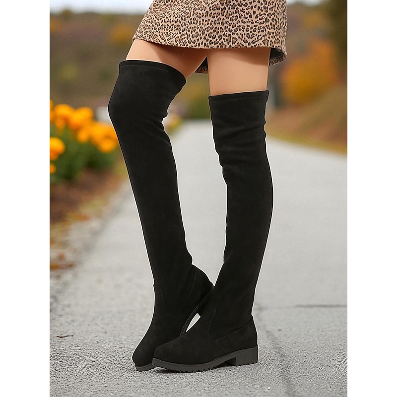 Women's Black Over the Knee Boots – Faux Suede Low Heel Winter Boots for Streetwear and Casual Outfits