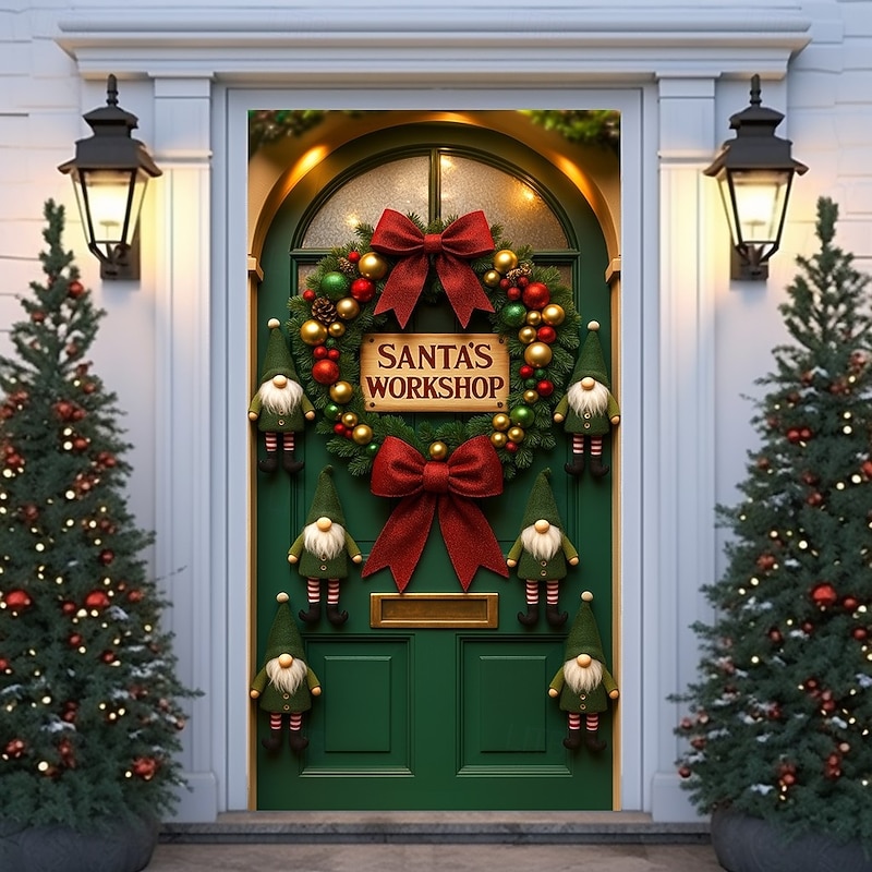 Christmas Door Cover, Festive Green Door with Wreath and Red Bow Holiday Entrance Backdrop Door Curtain for 2025 Xmas Party Indoor Outdoor Home Decorations
