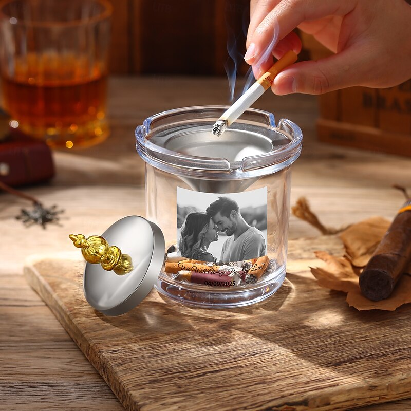 Personalized Ashtray with/without Lid, Custom Photo Text Smoking Tray Christmas Gift for Men, Unique Gift for Dad, Grandpa, Husband, Perfect for Fatherβs Day, Valentineβs Day