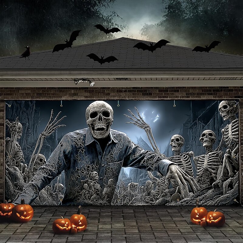 Halloween Tapestry Garage Door Cover Large Hanging Backdrop Skeleton 3D Print Dark Punk Gothic Style Party Outdoor Shooting Backgrounds Yard Haunted House Home Decor