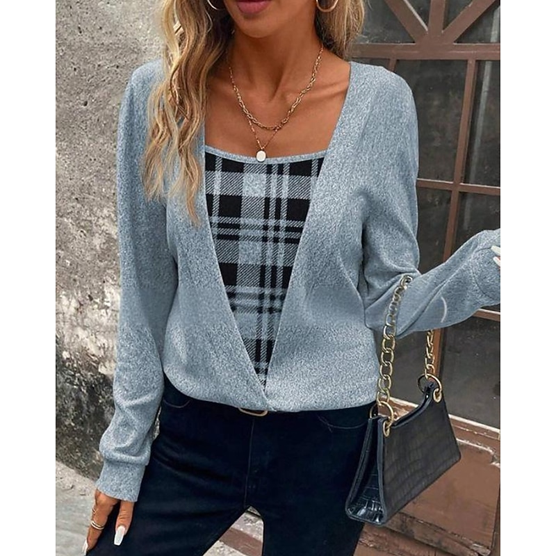 Women's Shirt Blouse Plaid Stylish Basic Casual Long Sleeve Square Neck Regular Tops Daily Holiday Print Blue Spring Fall Winter