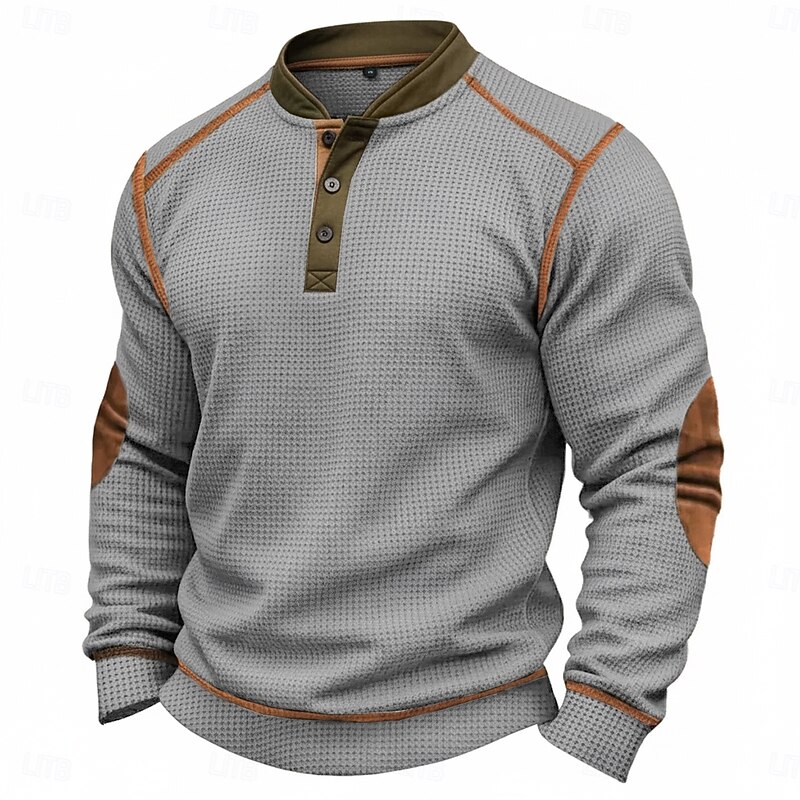 Men's Waffle T-shirt T Shirt Waffle Henley Shirt Long Sleeve Henley Fall Winter Cross-Seasons Solid Color Traditional / Vintage Color Block Outdoor Home Sports & Outdoor Black Wine Navy Blue Top Tee2