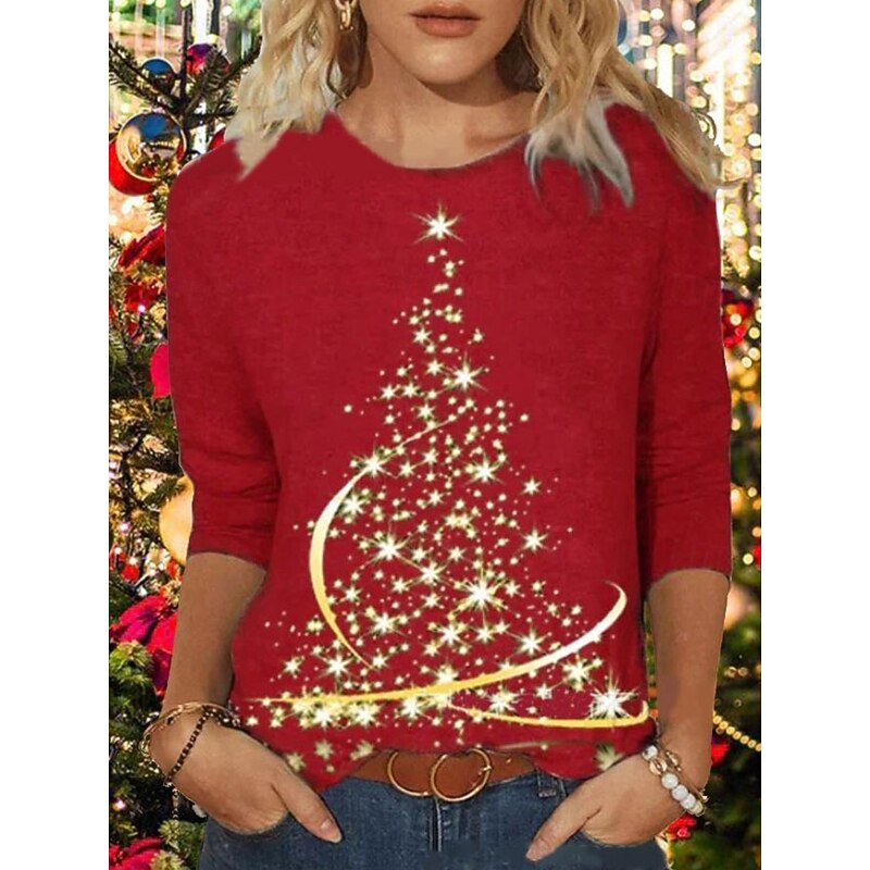 Christmas Women's T Shirt Graphic Christmas Tree Vintage Fashion Stylish Long Sleeve Crew Neck Round Neck Regular Tops Daily Weekend Print Black Red Blue Green Spring Fall Winter3