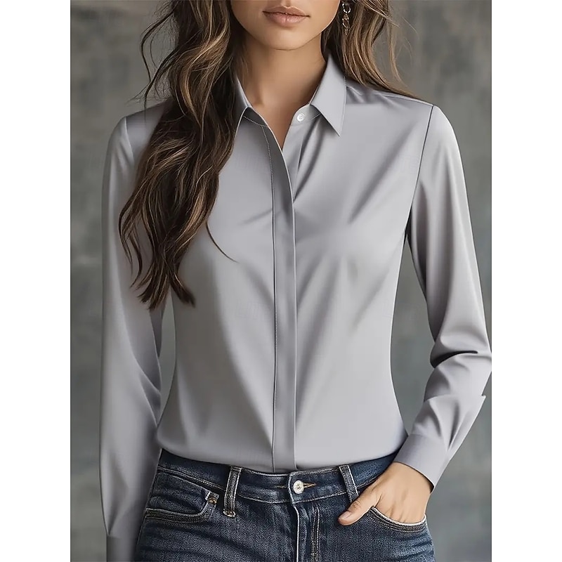 Women's Elegant Dressy Satin Blouse Plain Elegant Daily Stylish Long Sleeve V Neck Regular Tops Black White Gray Fall