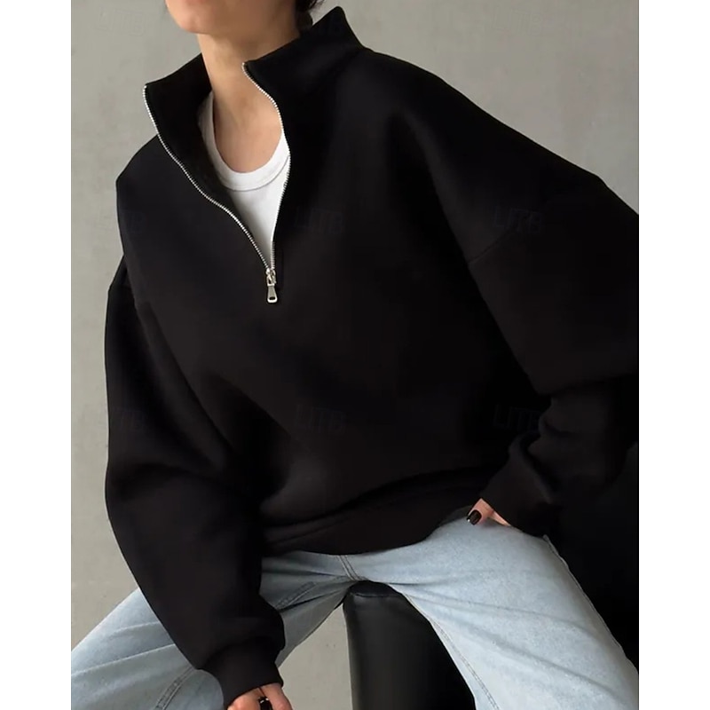 Women's Pullover Sweatshirts Zip Up Sweatshirts Plain Sports Fashion Casual Long Sleeve High Neck Regular Tops Street Dailywear Going out Half Zipper Quarter Zipper Zipper Black Fall Winter2