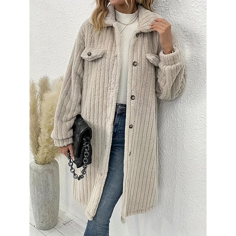 Women's Winter Coat Sherpa Jacket Comfortable Breathable Pocket Buttons Casual Plain Vacation Street Casual Daily Wear Single Breasted Long Turndown Regular Fit Long Sleeve Outerwear Brown Khaki Gray2