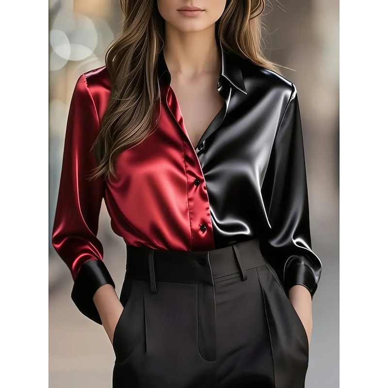 Women's Elegant Dressy Satin Blouse Plain Elegant Daily Long Sleeve V Neck Regular Tops Daily Buttons Red Green Khaki Gray Fall3
