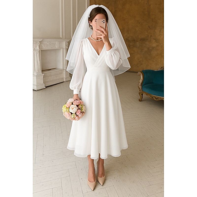 Beach Wedding Reception Little White Dress Bridal Shower Dresses Wedding Dresses A-Line V Neck Long Sleeve Ankle Length Chiffon Bridal Gowns With Solid Color2