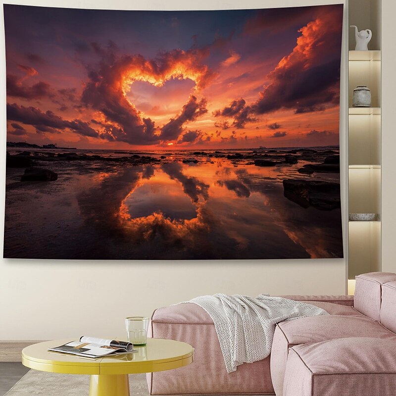 Beautiful Ocean Sea Pink Sunset Heart Shaped Cloud Landscape Hanging Tapestry Wall Art Large Tapestry Mural Decor Photograph Backdrop Blanket Curtain Home Bedroom Living Room Decoration2