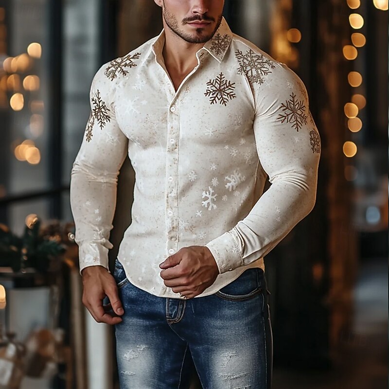 Men's Snowflake Gradient Color Shirt Button Up Shirt Casual Dress Shirt Long Sleeve Vintage Retro Outdoor Casual Holiday Spring Fall Turndown 3D Print Linen Like Shirt Green Beige2